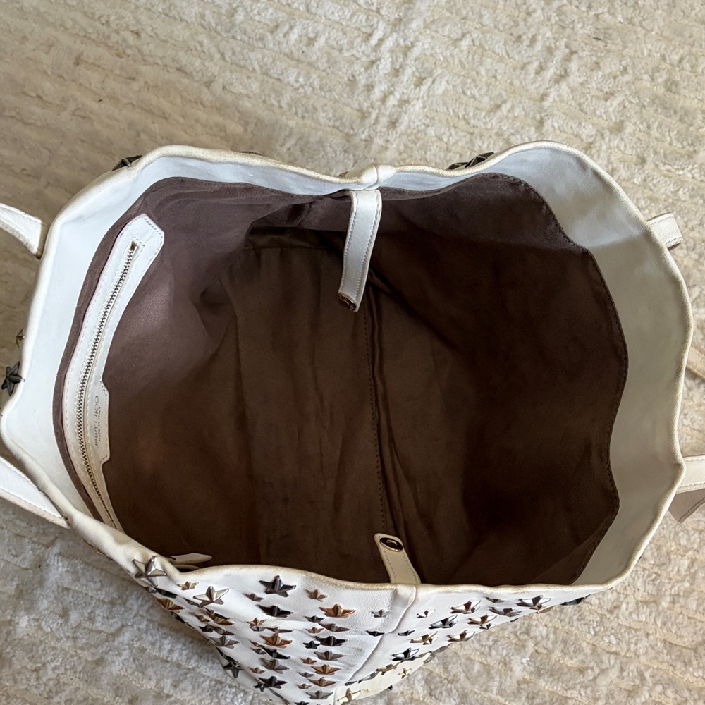 Jimmy Choo White Leather Gold, Silver, Gunmetal Star Studded Tote Bag - Picture 8 of 15